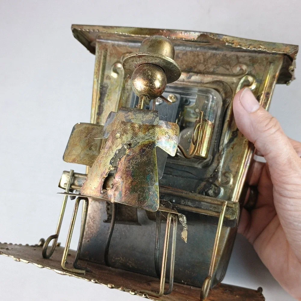 VTG Piano Man Copper Tin Sculpture Music Box Saloon Bar Folk Art PLAYS!